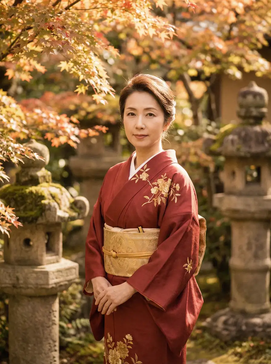 一位身穿暗红色和服的优雅 里番动漫-里番动漫在线观看::全网独家里番动漫合集 在日式庭院中